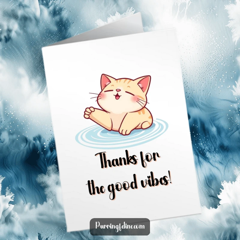 Funny Free Printable Thank You Card: A contented cat stretching languidly, purr vibrations shown as visible ripples.
