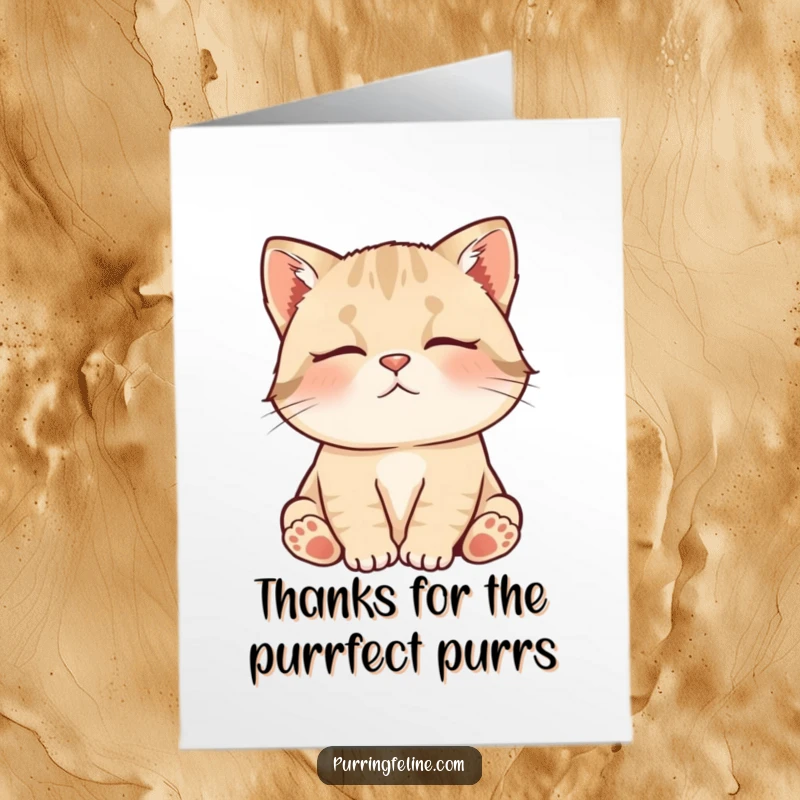 Funny Free Printable Thank You Card: Contented cat cub murmuring softly, showing quiet gratitude. A downloadable gift.