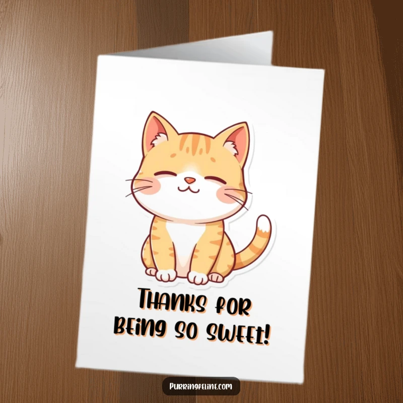 Funny Free Printable Thank You Card: A contented cat with a gentle smile and a softly twitching tail, expressing gratitude sweetly.