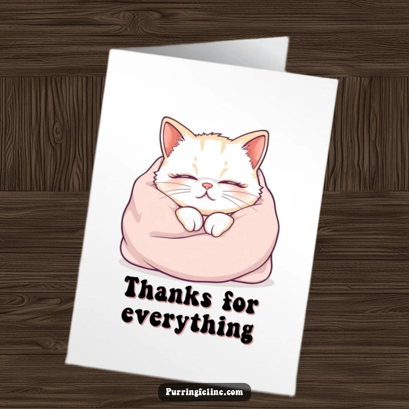 Funny Free Printable Thank You Card: A content cat rests in a plush blanket, emitting happy purrs. A downloadable cozy thank you.