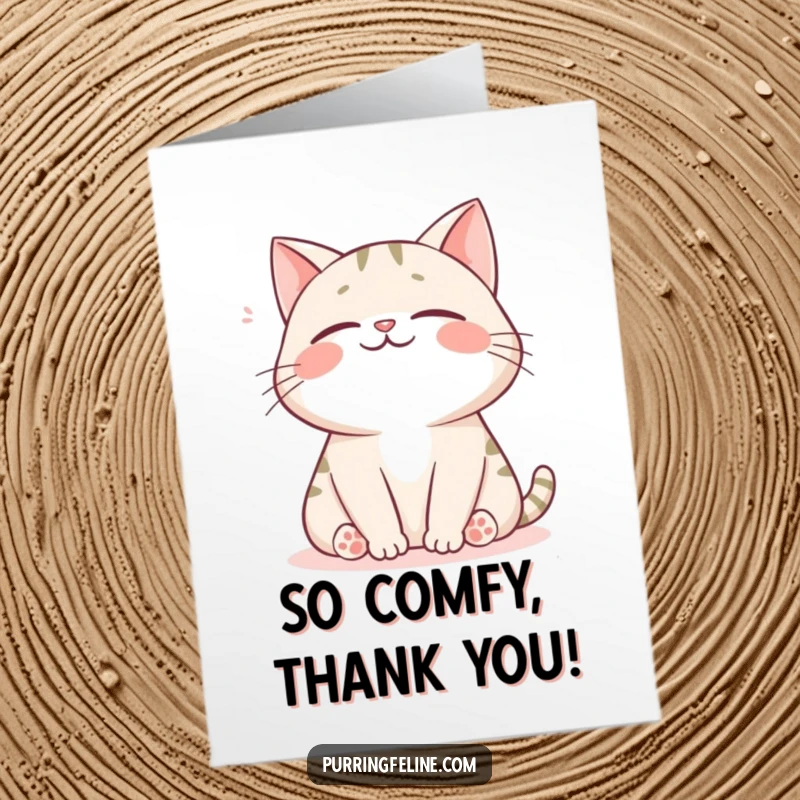 Free printable thank you card with a happy cat releasing a soft sigh, embodying blissful comfort and peace.
