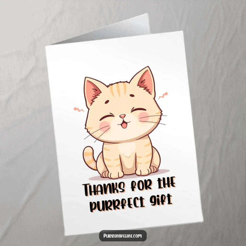 Funny Free Printable Thank You Card: Cat emitting a gentle rumble, ears perked, expressing gratitude. Downloadable and sweet.