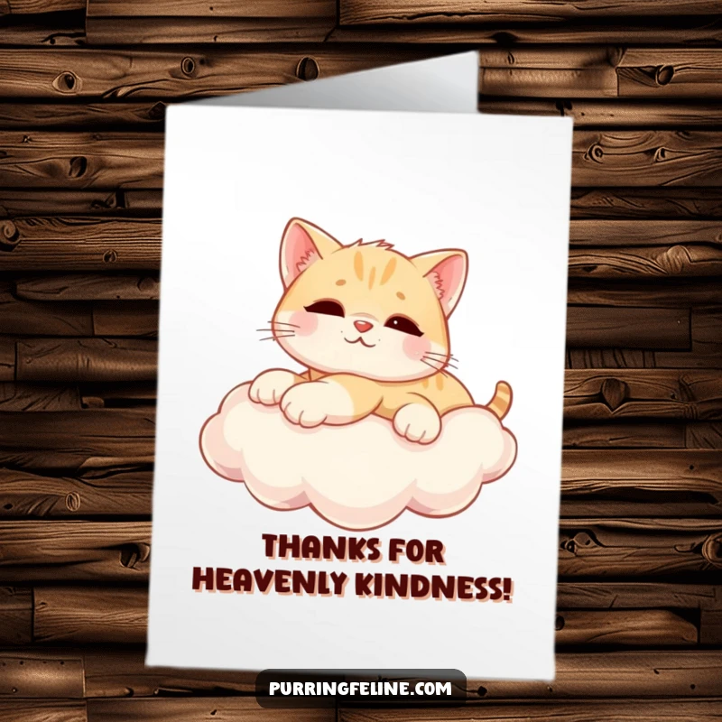 Free printable thank you card of a relaxed cat cub blissfully stretched out on a warm, sunny cloud.