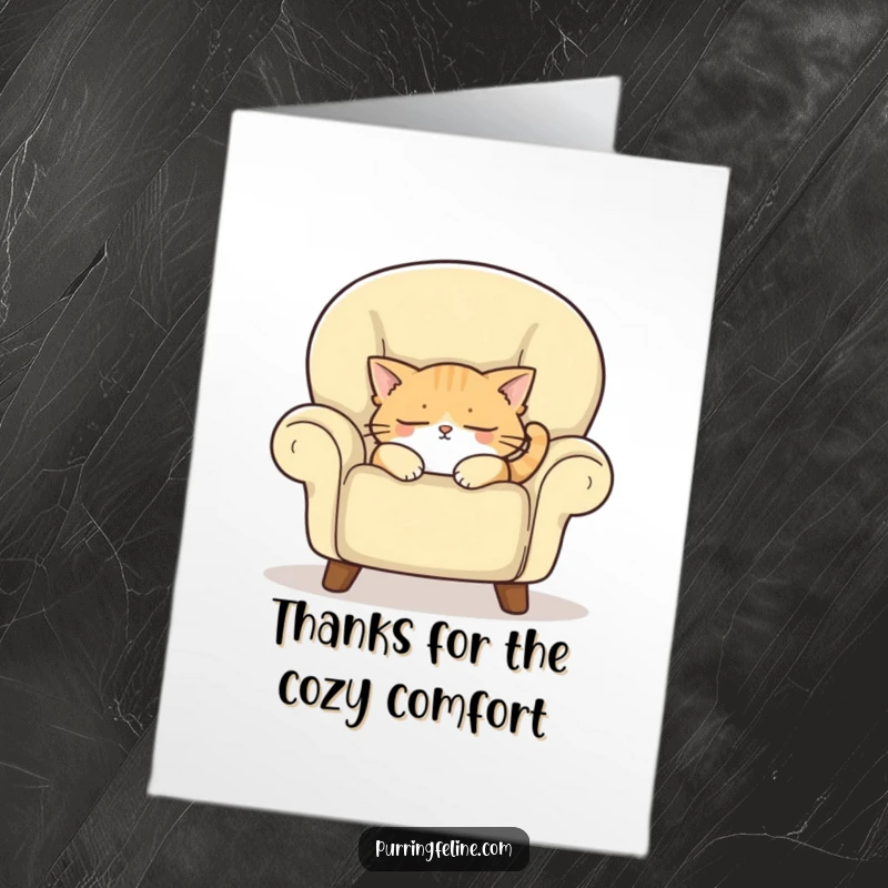 Funny Free Printable Thank You Card featuring a sleepy cat resting comfortably in an armchair, conveying warm, peaceful thanks.