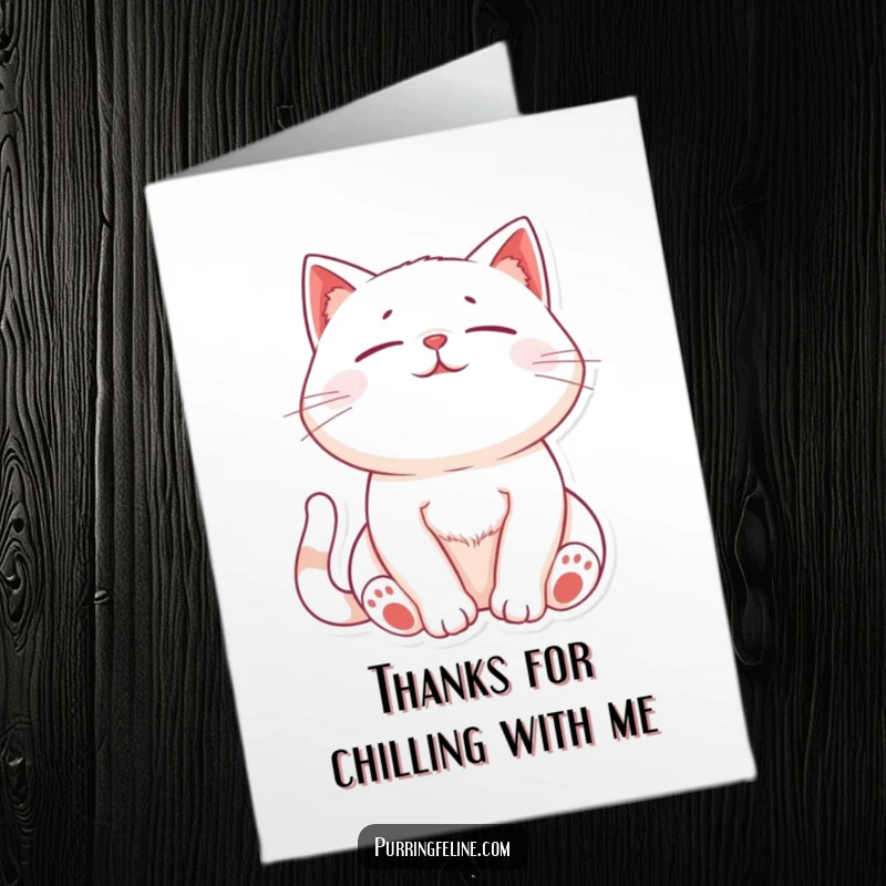Funny Free Printable Thank You Card: Relaxed cat with chest rising and falling with purrs, expressing thanks. Downloadable and calming.