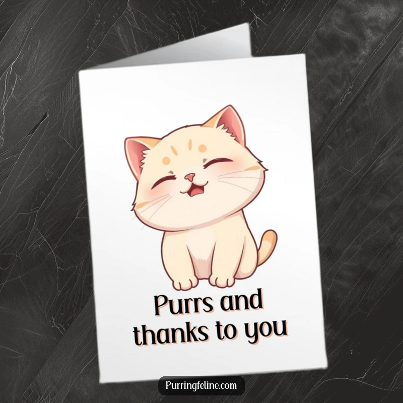 Free printable thank you card with a purring cat loving a gentle head scratch, expressing pure contentment.