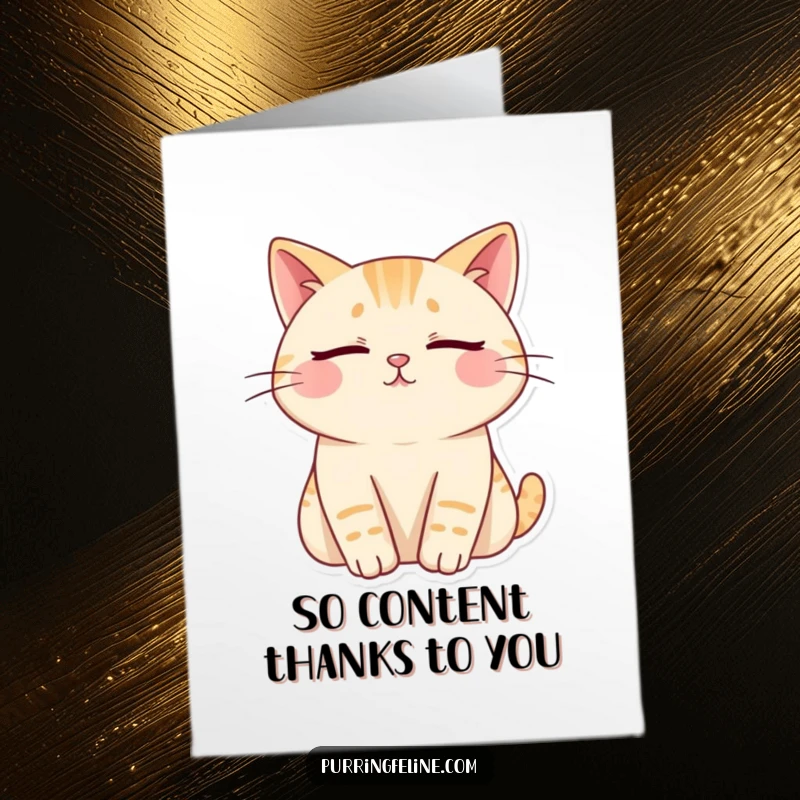 Funny Free Printable Thank You Card: A cat with eyes shut looks deeply content, wavy lines indicating peaceful purrs. A downloadable thank you.