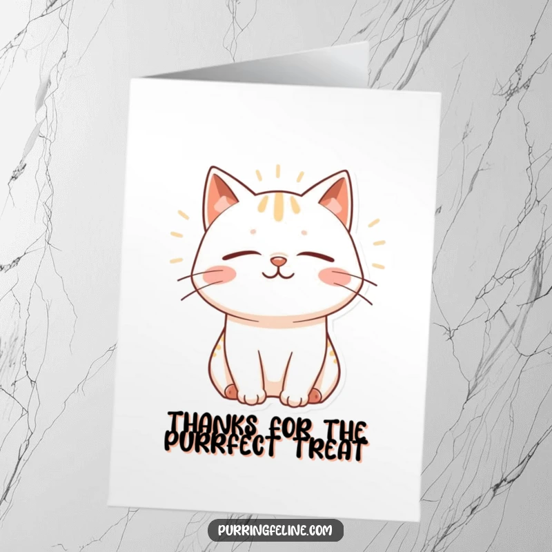 Funny Free Printable Thank You Card: A cat emitting happy vibrations, eyes closed, smiling gratefully, perfect for showing appreciation.