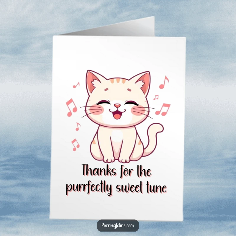 Funny Free Printable Thank You Card: a happy cat vibrates with musical notes, sending cheerful thanks.