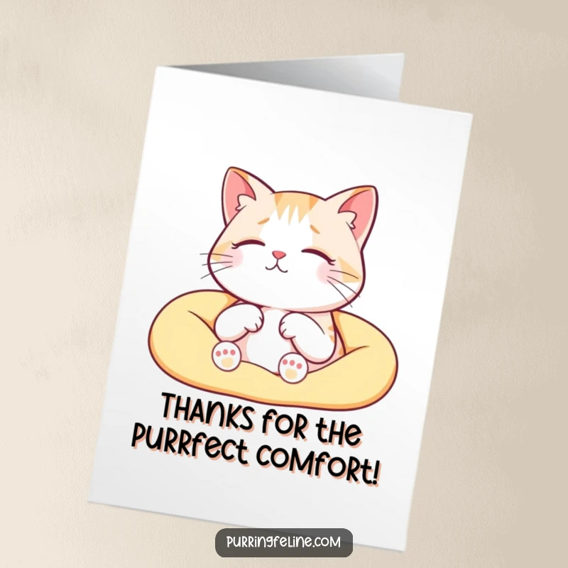 Funny Free Printable Thank You Card: A serene cat comfortably enjoying a warm lap, purring with contentment and gratitude.