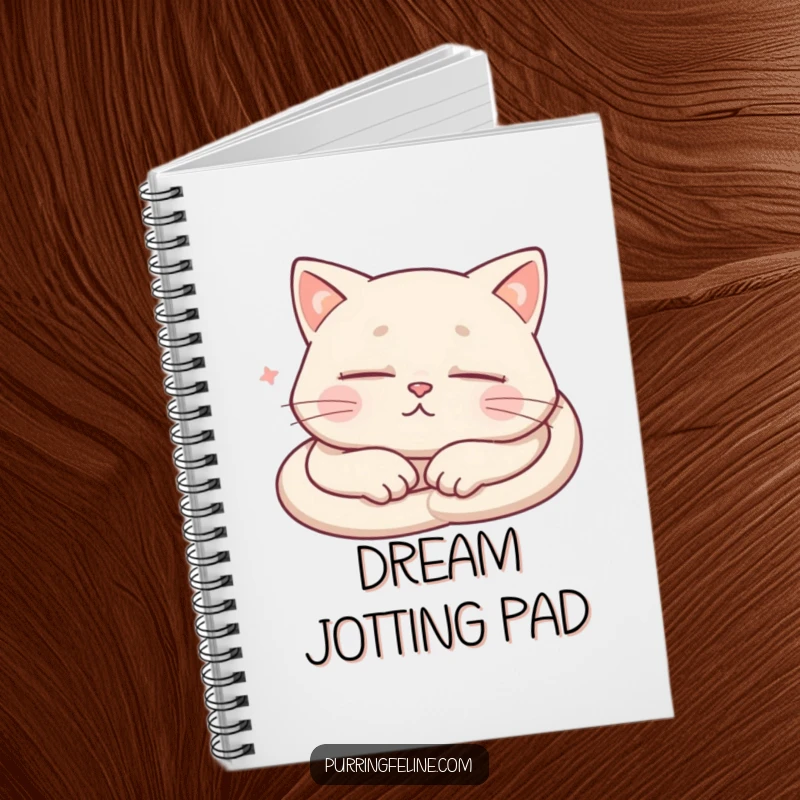 Funny Notebook cover with a sleeping cat and subtle hints of purring, encouraging calm and humorous writing.