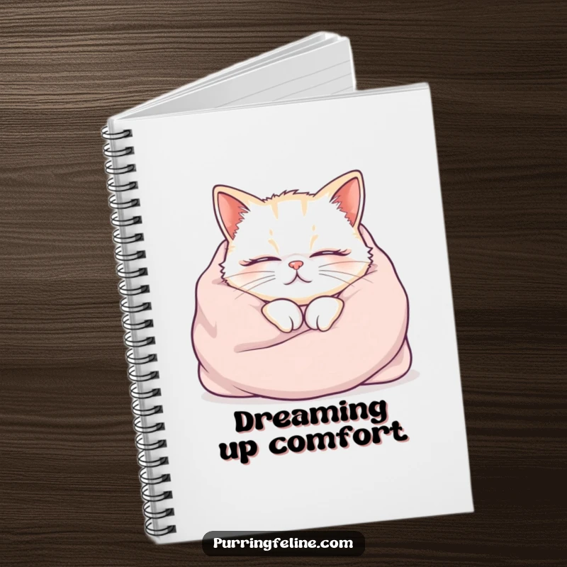 Funny cat notebook, cozy cat in a blanket, purring audibly, humorous stationery for note-taking, ideal funny gift.