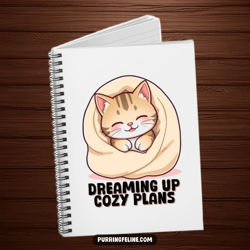 Funny Cozy Cat Notebook with a happy cat burrowing into a warm, soft blanket, perfect for note-taking.