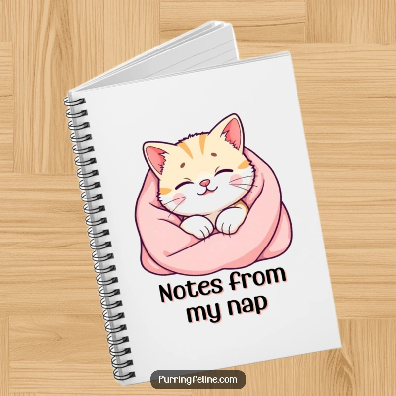 Funny cat notebook with a happy cat snuggled in a blanket, its purr creating a visible warm glow, inspiring creativity for notes.