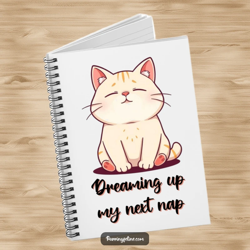 Funny notebook cover with a relaxed cat emitting purr vibrations, ideal for jotting down thoughts with feline serenity.