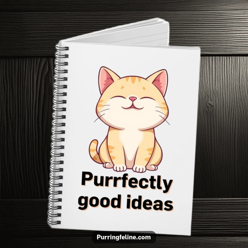 Funny Notebook cover with a purring cat, eyes closed and relaxed, encouraging calm and humorous writing.
