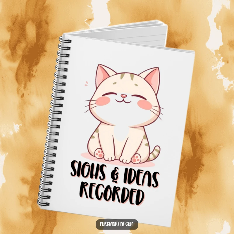 Funny cat notebook cover showing a happy cat sighing gently, promoting calm and reflective writing.