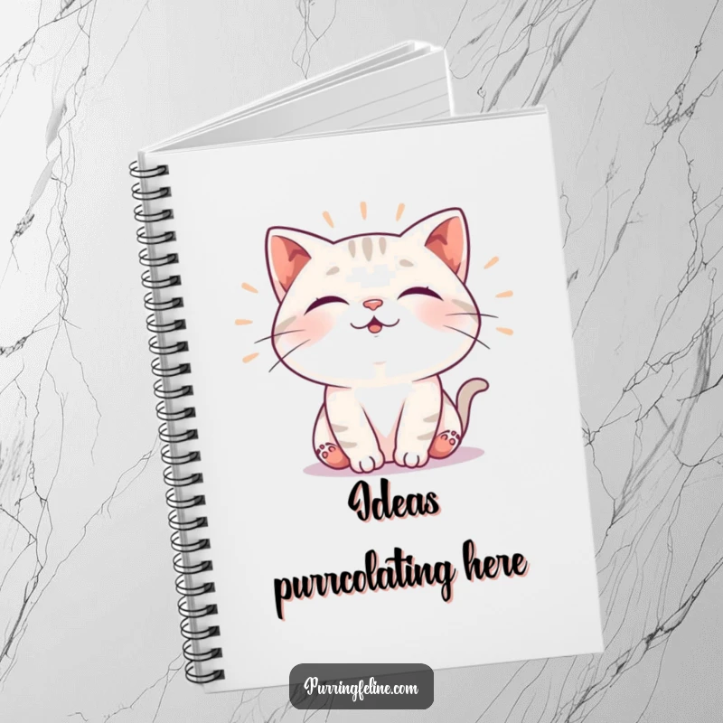 Funny notebook with a cat emitting soft, rhythmic vibrations of contentment, ideal for journaling and note-taking with a humorous, peaceful theme, a great gift.