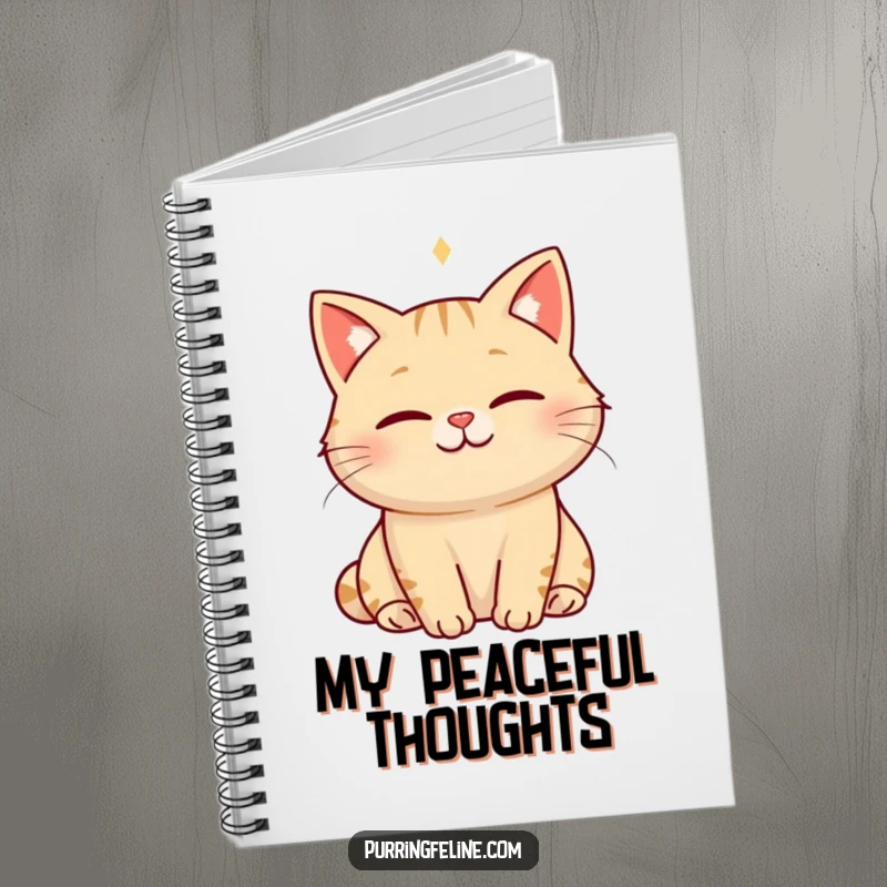 Funny serene cat notebook with a smiling cat emitting a visible hum of happiness, ideal for calming journaling and note-taking.