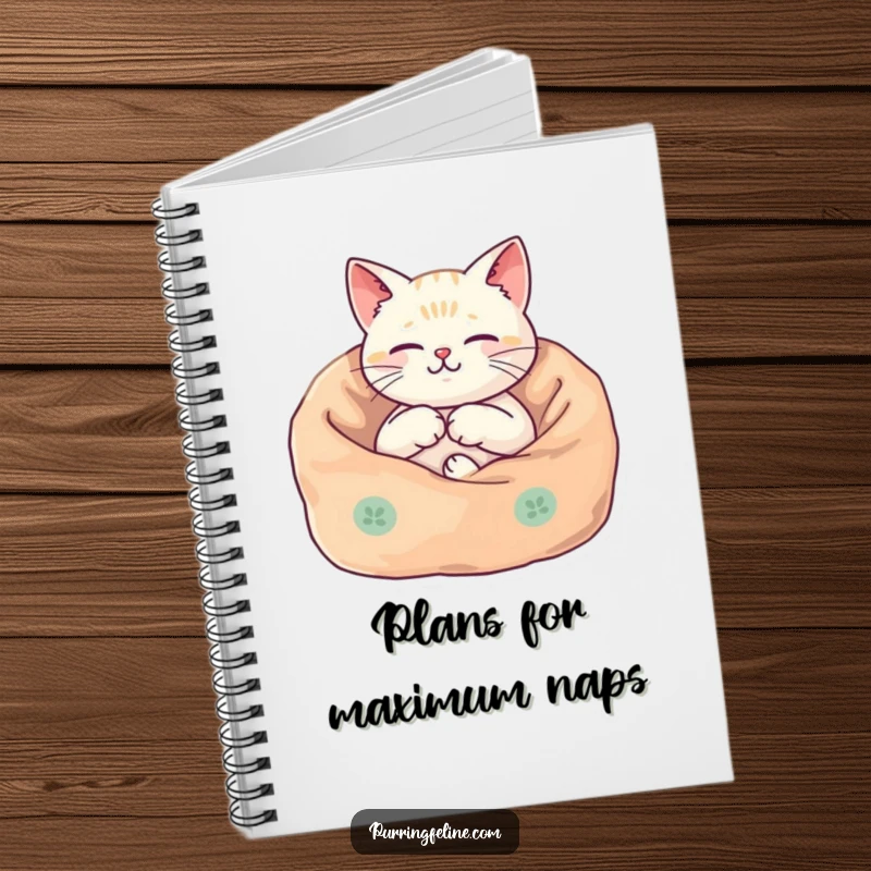 Funny Notebook with a cat nestled in a cozy blanket, its body vibrating harmoniously, ideal for writing or journaling.