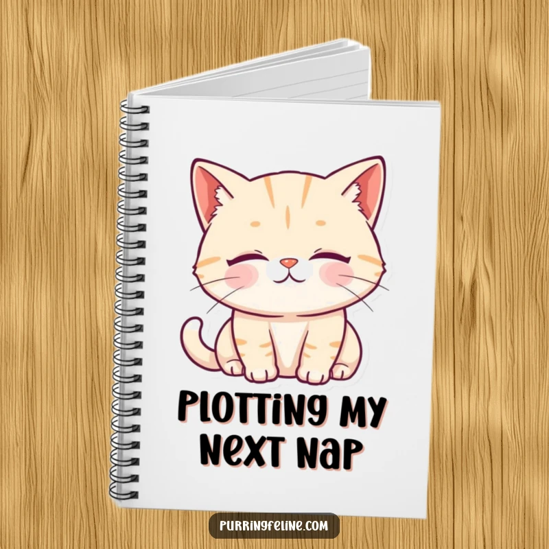 Funny Notebook with a purring cat, serene expression, and soft, gentle eyes, for journaling.