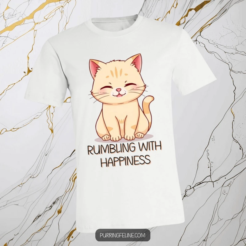 Funny rumbling cat t-shirt featuring a very relaxed cat with eyes closed, softly rumbling with contentment.