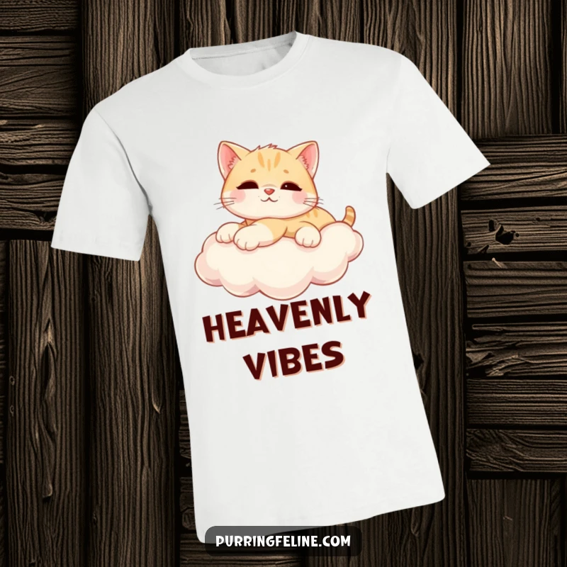 Funny T-Shirt depicts a relaxed cat cub stretched out on a sunny cloud, exuding ultimate comfort and whimsical happiness.