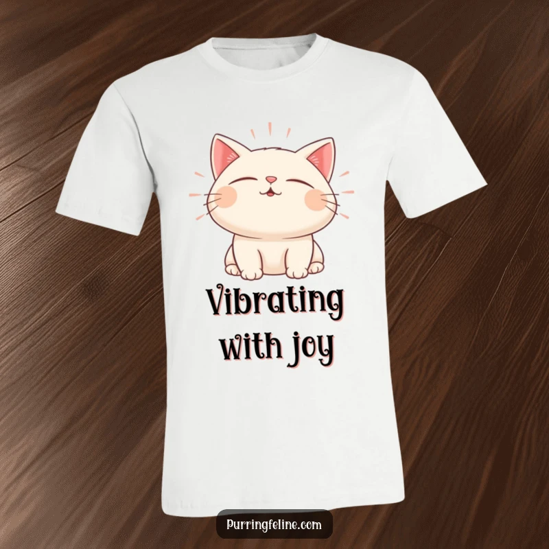 Funny t-shirt depicting a cat with closed eyes radiating gentle, pulsating waves of calming sound.