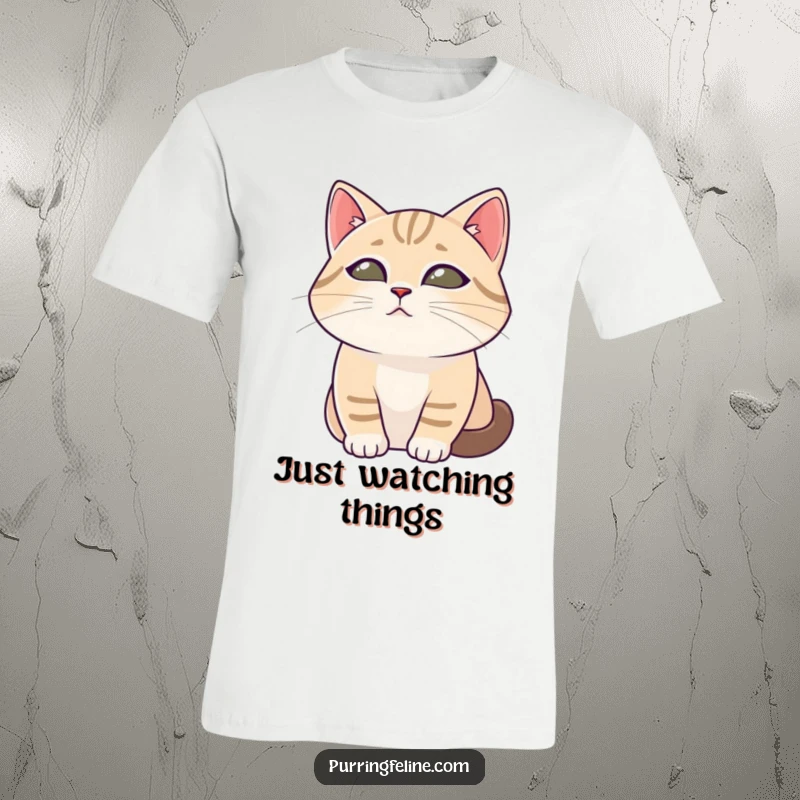 Funny cat t-shirt showing a peaceful cat with soft eyes observing its surroundings, symbolizing calm and thoughtfulness.