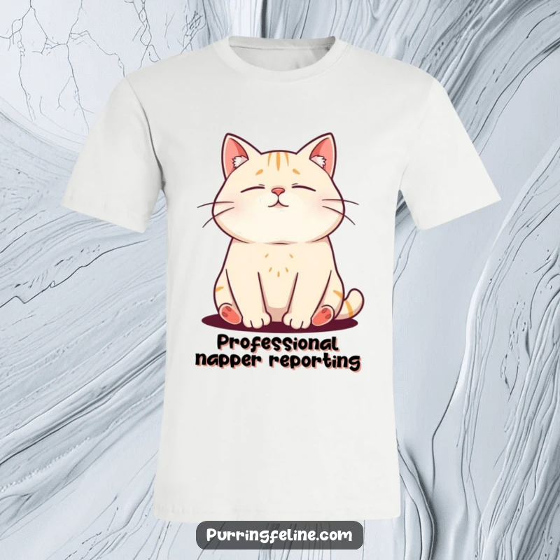 Funny t-shirt featuring a content cat with its purr vibration visible, embodying profound relaxation and carefree happiness.