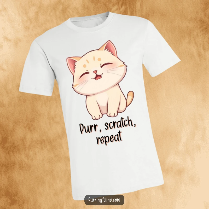 Funny cat t-shirt showing a content cat purring while enjoying a tender head scratch, symbolizing pure happiness.