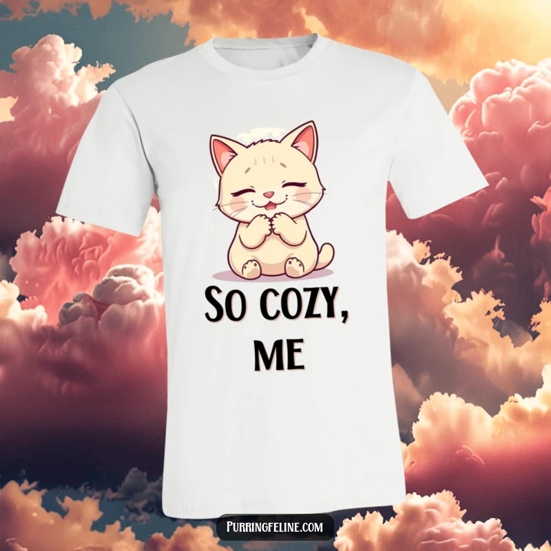 Funny t-shirt illustrating a purring cat surrounded by a warm glow, radiating peace and contentment.