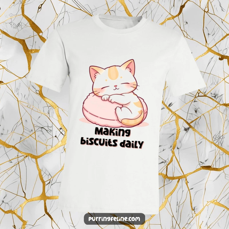 Funny t-shirt depicting a relaxed cat creating a comforting rhythm by kneading a soft cushion, highlighting feline happiness.