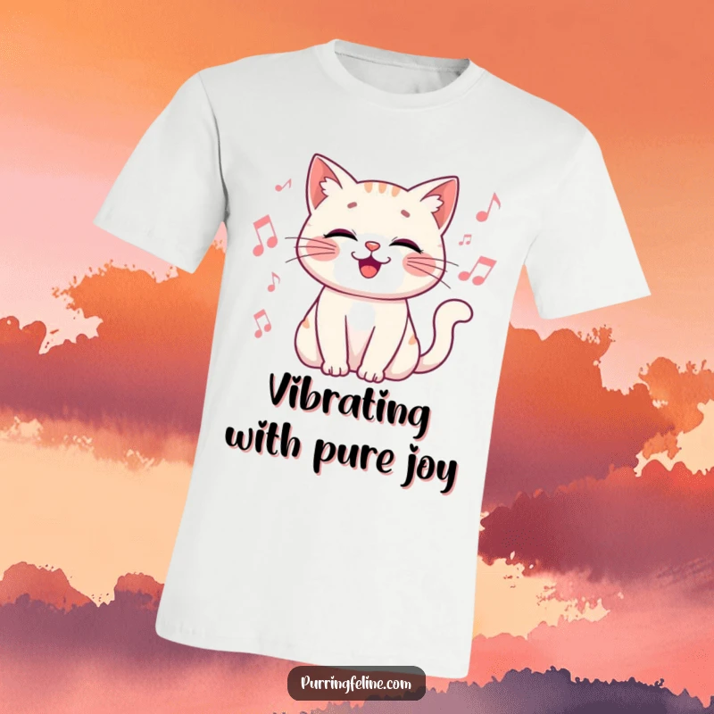 Funny T-Shirt featuring a happy, vibrating cat surrounded by musical notes, embodying pure delight.