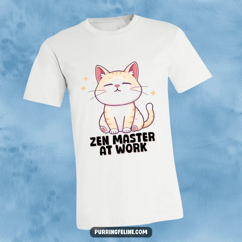 Funny T-Shirt featuring a serenely meditating cat emitting calming sound waves, promoting peace and laughter.