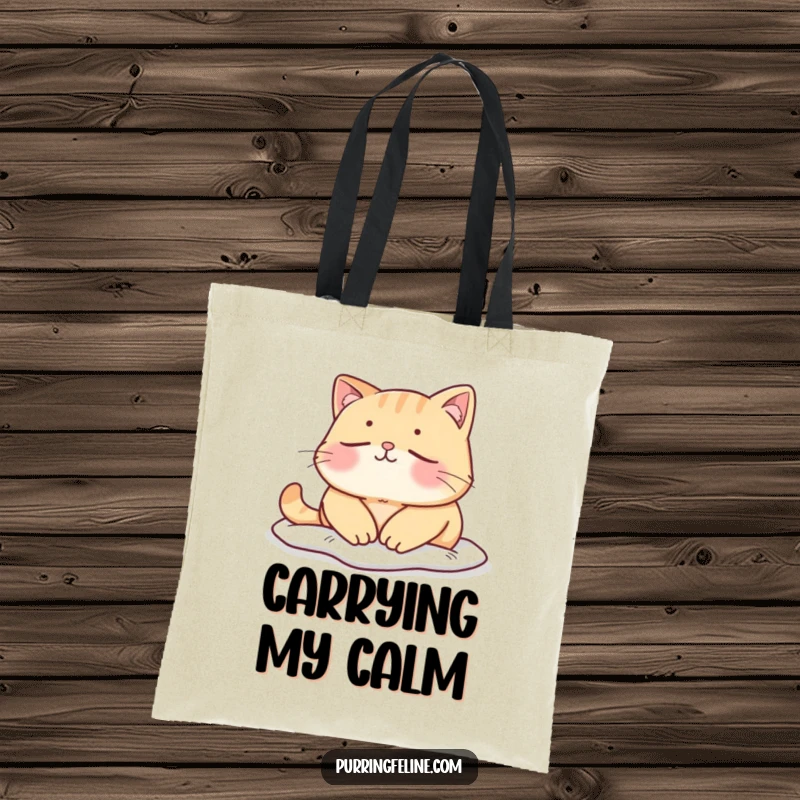 Funny mellow cat tote bag, a cat basking in a peaceful, quiet moment, carrying serenity and a hint of humor.