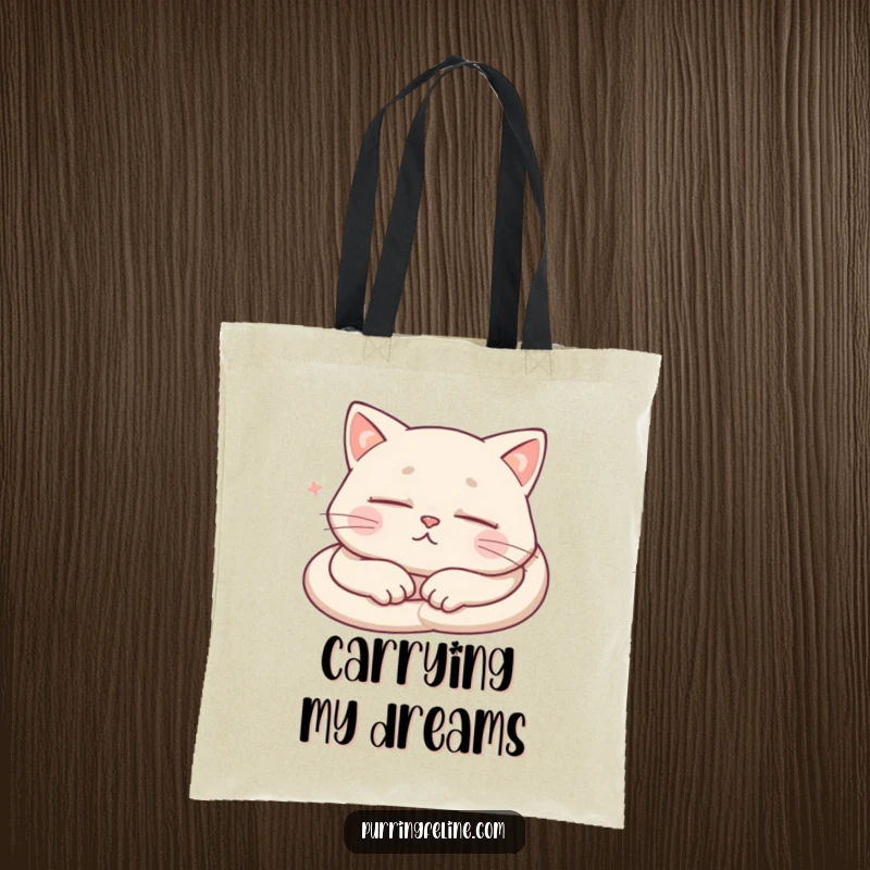 Funny Tote Bag illustrating a deeply sleeping cat, with subtle hints of peaceful purring for a humorous touch.