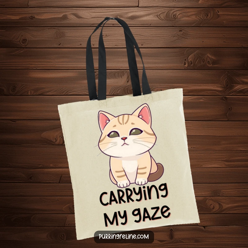 Funny cat tote bag featuring a peaceful cat with soft eyes observing the world, perfect for carrying essentials calmly.