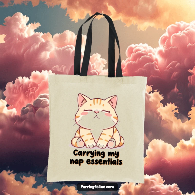 Funny Tote Bag showcasing a content cat enjoying its low, contented rumble, ideal for cat lovers on the go.