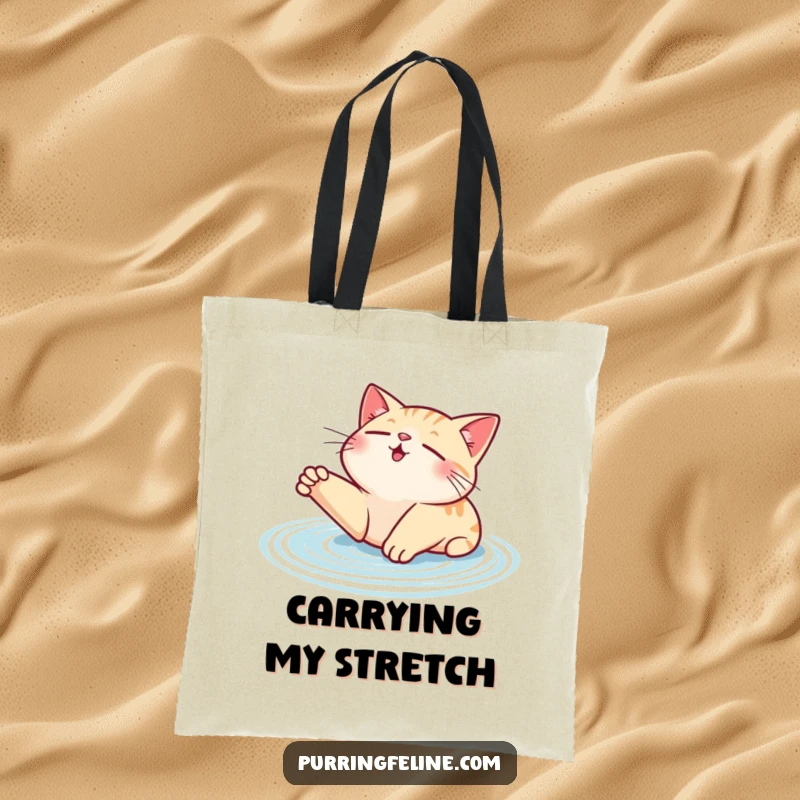 Funny contented cat tote bag, a cat stretching with its purr creating visible ripples, conveying deep relaxation.