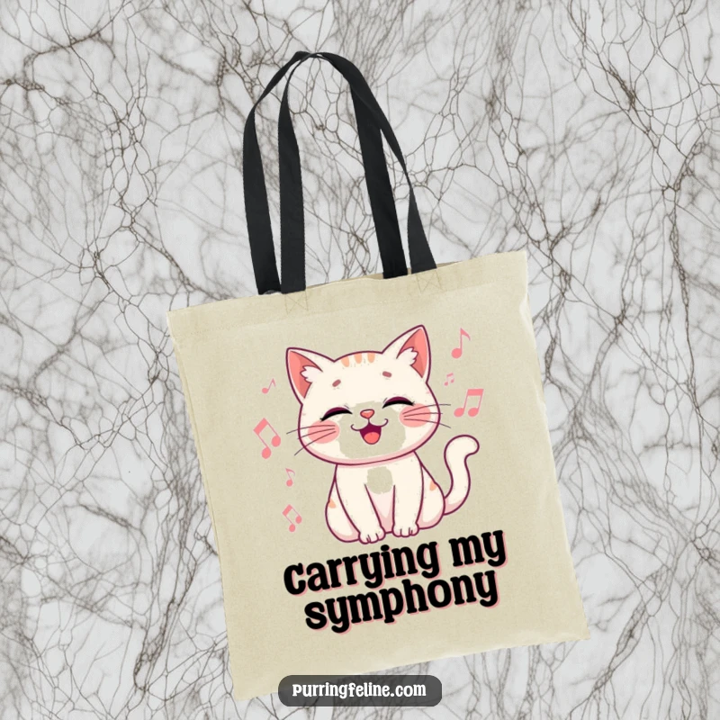 Funny Tote Bag showcasing a happy, vibrating cat surrounded by musical notes, perfect for carrying essentials.