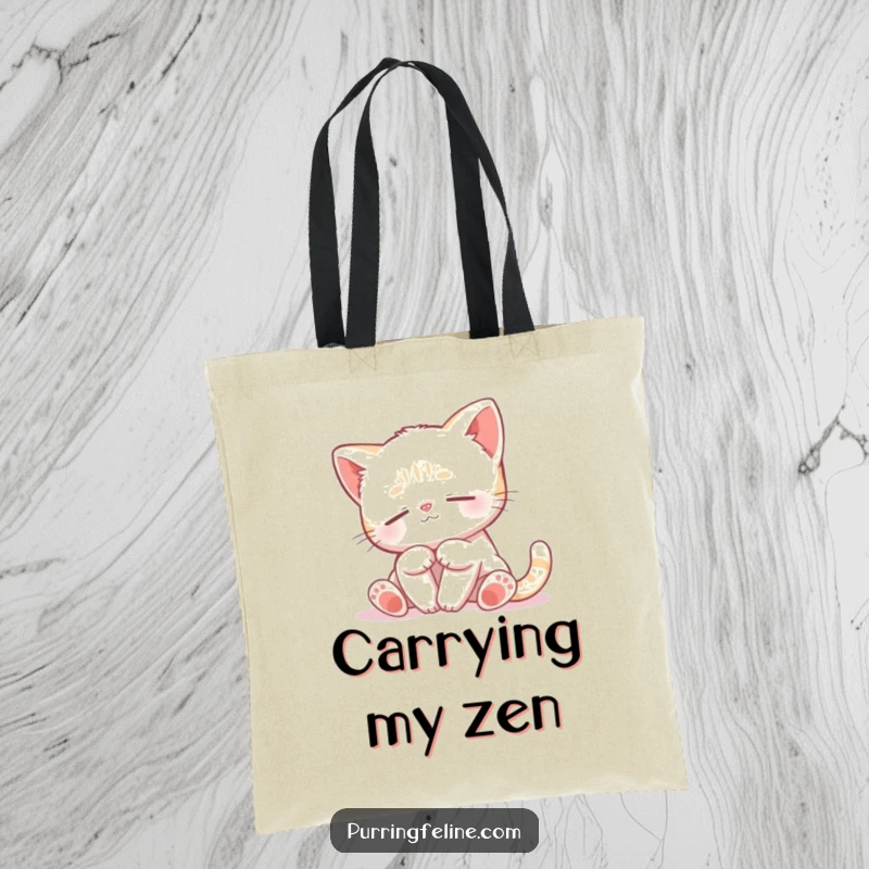 Funny Peaceful Cat Cub Tote Bag - a tranquil kitten swaying gently, perfect for carrying your calm essentials with style.