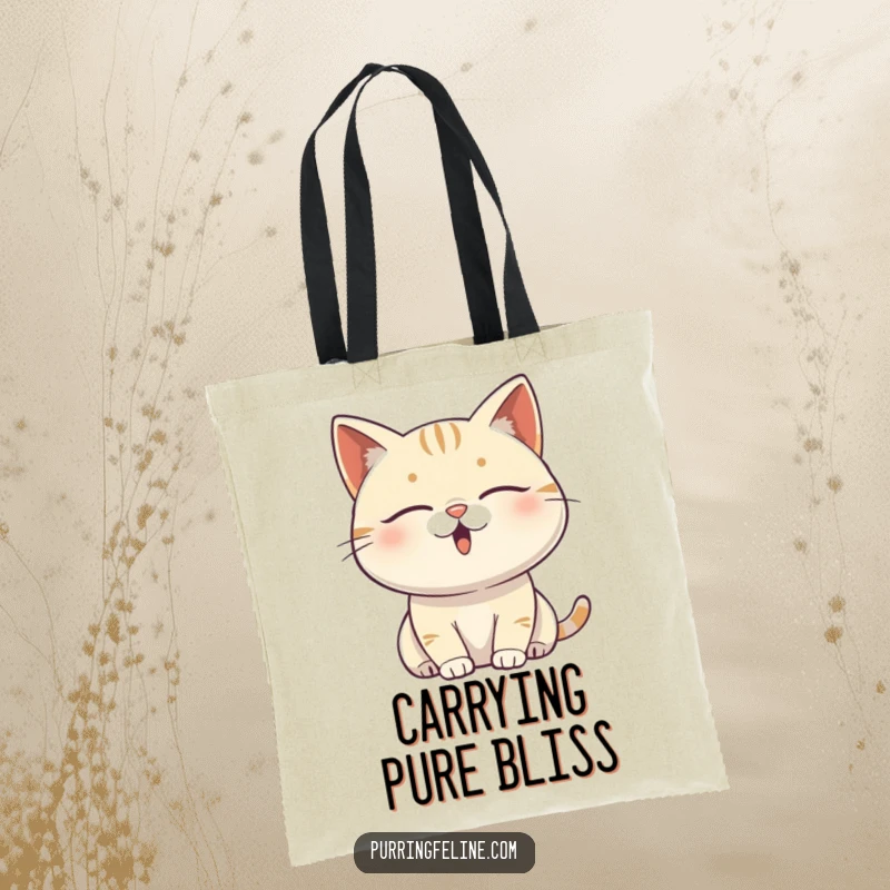 Funny content cat tote bag featuring a content cat vibrating with subtle, happy energy, perfect for carrying essentials peacefully.