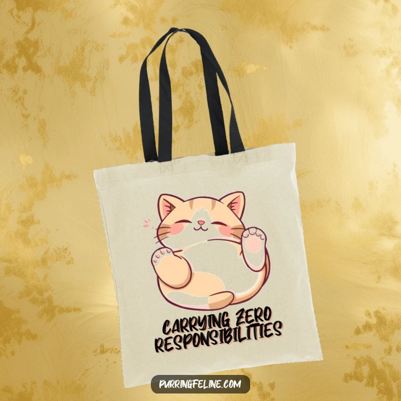 Funny Cat Kneading Tote Bag illustrating a blissful cat lying down, paws rhythmically kneading the air in a happy trance.