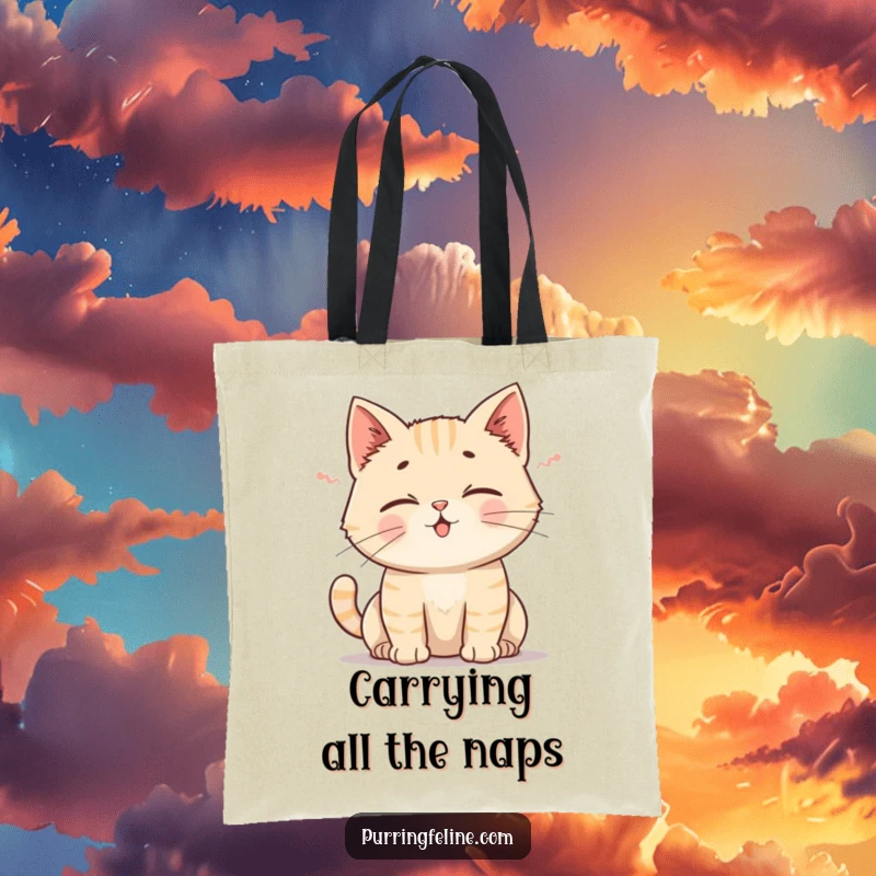 Funny Cat Tote Bag showcasing a cat emitting a gentle rumble, its ears perked, ready for adventure or errands.