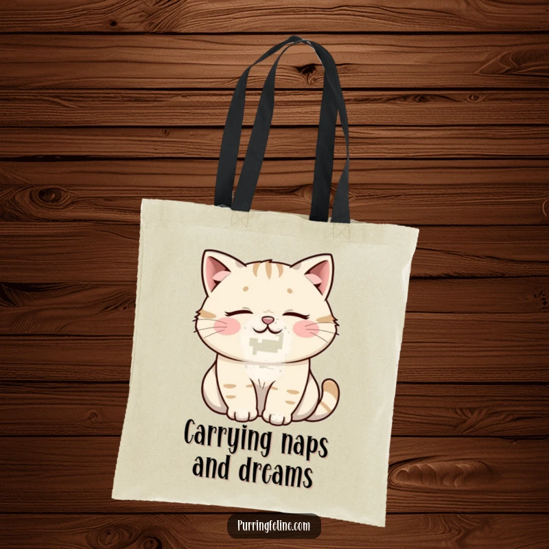 Funny Cat Tote Bag: Showcasing a tranquil cat with a soft, happy rumble. A humorous and functional accessory.