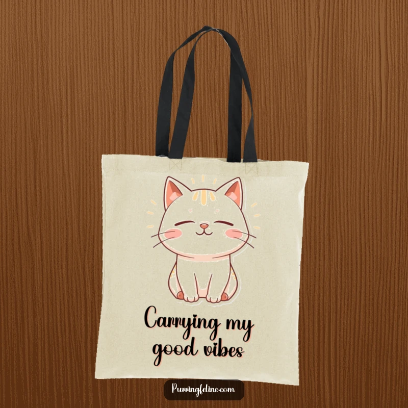 Funny Tote Bag decorated with a blissfully smiling cat emitting peaceful vibrations and contented purrs, a happy accessory.