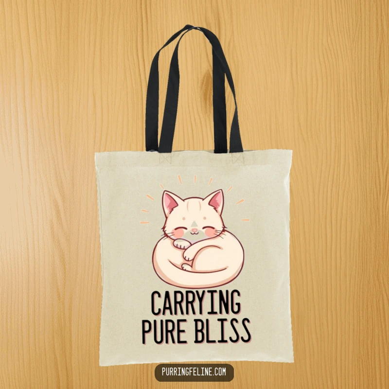 Funny Tote Bag decorated with a curled cat emitting soft waves of contentment, symbolizing peaceful vibes and inner calm.