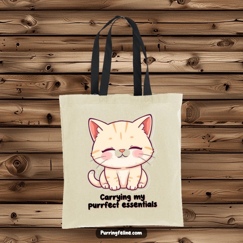 Funny Tote Bag featuring a purring cat with a serene expression and soft, gentle eyes.