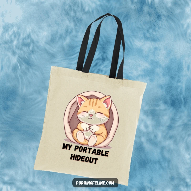 Funny purring cat tote bag, a content cat purring softly while tucked into a small, warm space, carrying cozy vibes.
